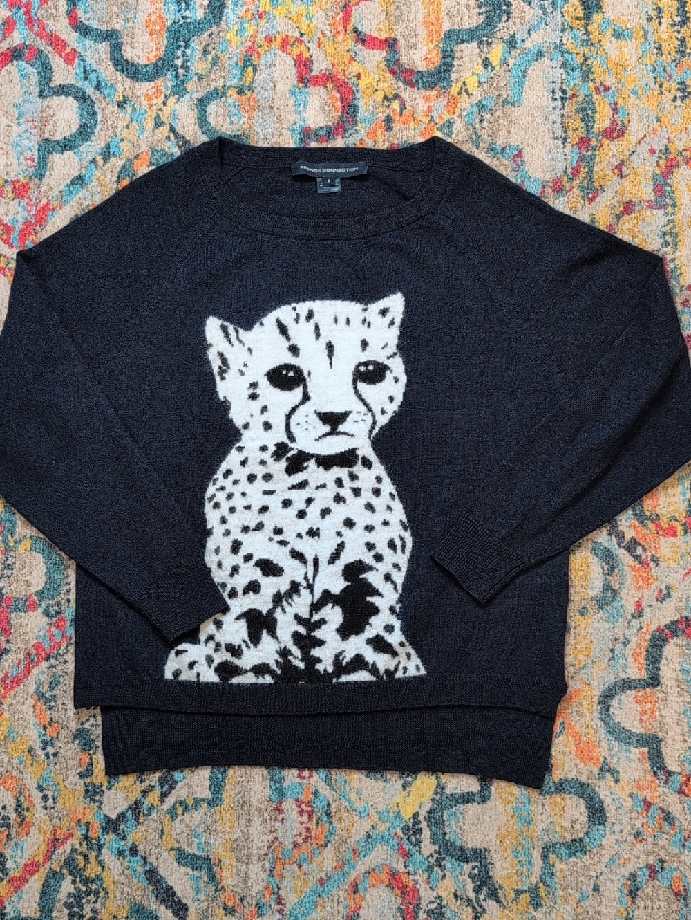 French Connection Scoop Neck Navy Wool Sweater with Cheetah Small